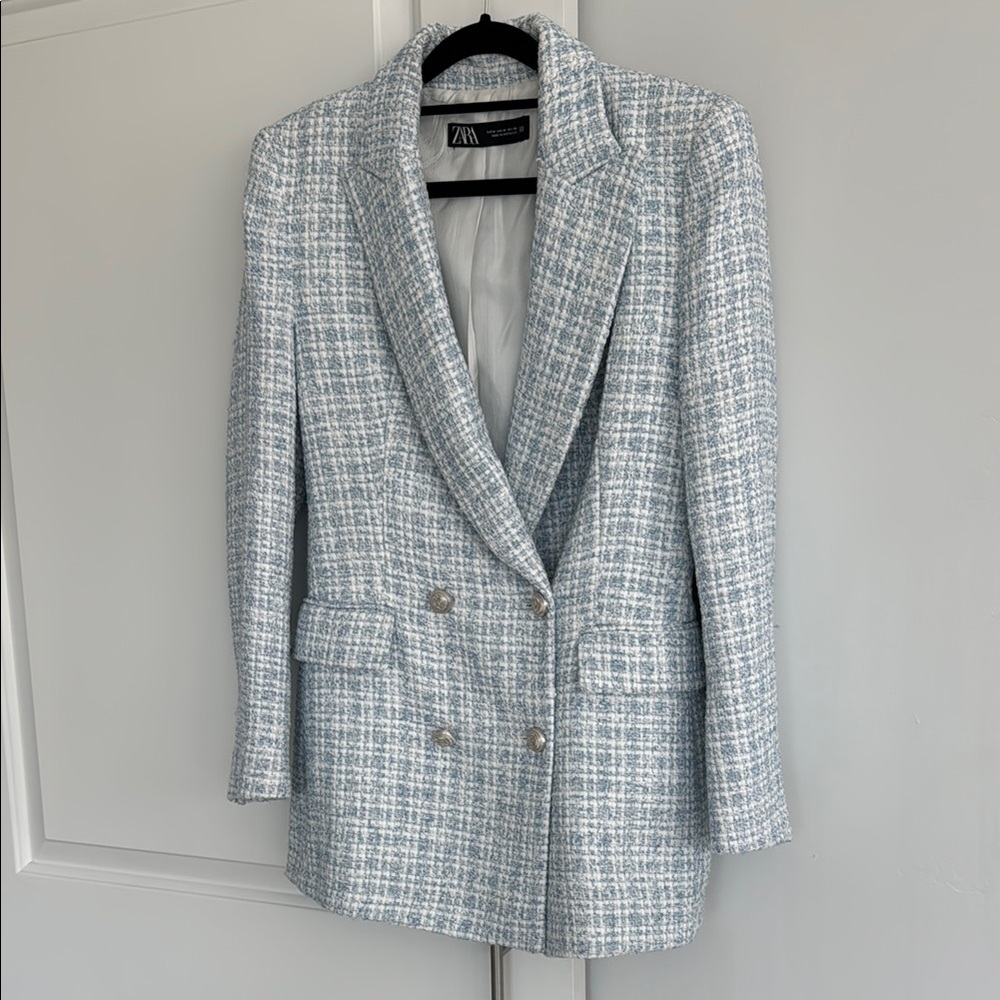 Zara Tweed Blazer in Light Blue and White